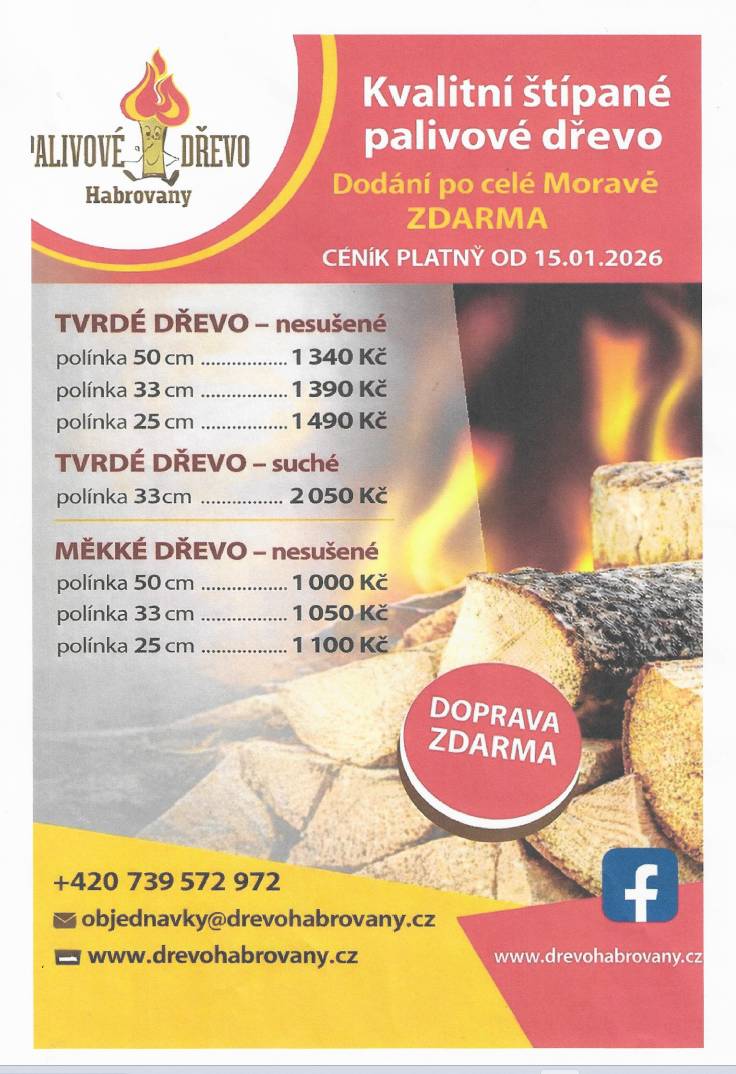 1) Drůbežárna Prace bude v  sobotu 24.1.  v 10:00 hod. prodávat:  krmivo pro drůbež a králíky, vitamínové doplňky a dále pak vykupovat králičí kožky - cena 10 Kč/ks. 2) Firma Obuv Prostějov pořádá ve čtvrtek 22. ledna prodejní akci s obuví pánskou, dámskou, dětskou i nadměrnou velikostí. Prodej se uskuteční za OÚ od 8:00 do 15:00 hodin. 3) Společnost Dřevo Habrovany nabízí občanům dodání štípaného palivového dřeva. Objednávejte na telefonním čísle : 739 572 972, nebo na www.drevohabrovany.cz.