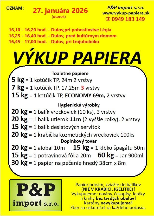 Oznamujeme, že v utorok 27.1.2026 prebehne v obci výkup papiera.