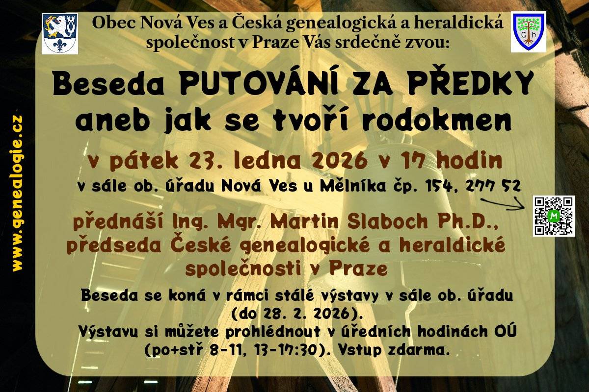 Vážení spoluobčané, srdečně Vás zveme na páteční besedu do sálu obecního úřadu. Přijede k nám předseda České genealogické a heraldické společnosti M. Slaboch s poutavým vyprávěním o rodokmenech, pátrání po předcích, okomentuje probíhající výstavu a zodpoví vše, co Vás bude zajímat. Vstup zdarma, k dispozici káva a čaj. Kulturní výbor obce.