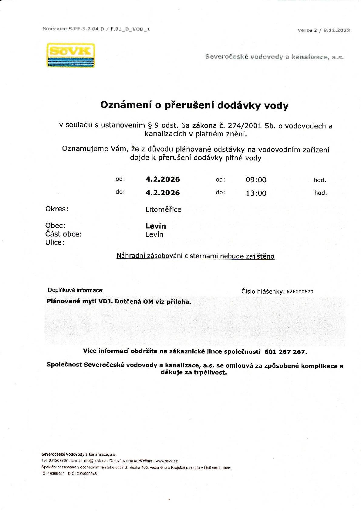 Oznámení o odstávce vody dne 4.2.2026 od 9.00 do 13.00. Levín a dne 5.2.2026 od 9.00 do 13.00.Horní Vysoké a Leví
