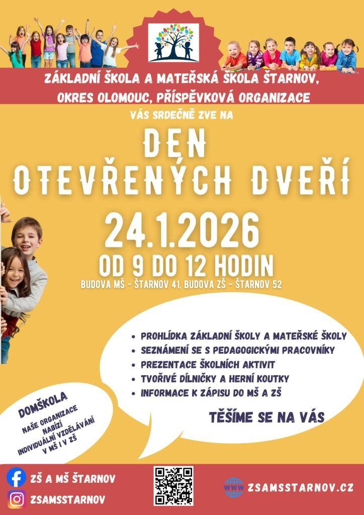 Zveme vás na den otevřených dveří ZŠ a MŠ Štarnov, který proběhne 24. ledna 2026 od 9 do 12 hodin.