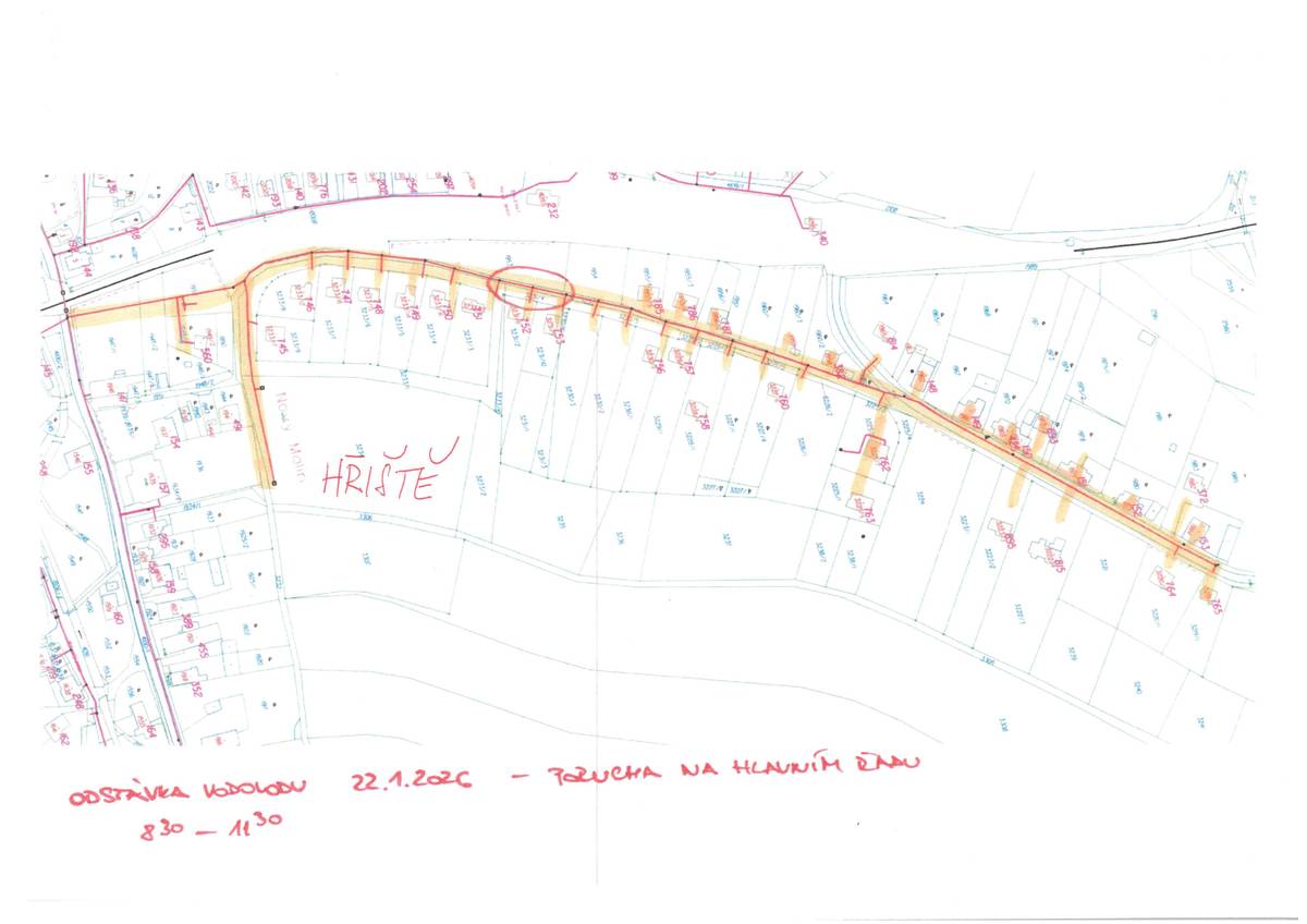 Odstávka vodovodu dnes 22.1.2026 z důvodu poruchy na hlavním řadu od 8:30 do 11:30 hod. v lokalitě nad tratí směr Krásné.
