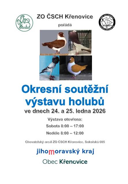ZO ČSCH Křenovice pořádá okresní soutěžní výstavu holubů 24. a 25. ledna 2026.