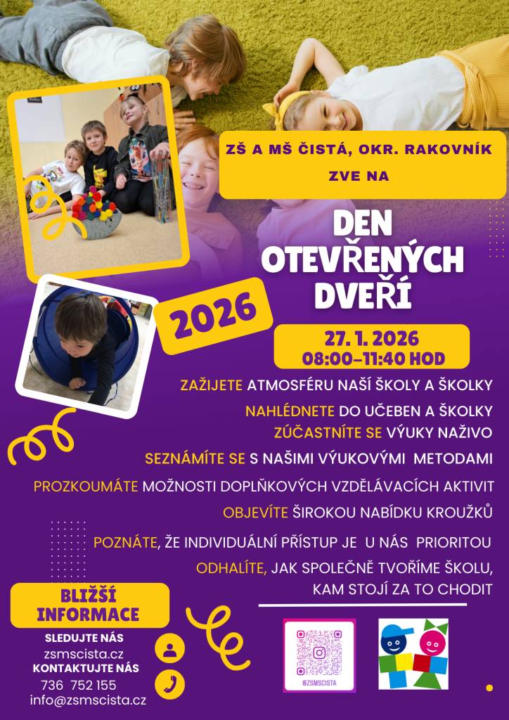 ZŠ a MŠ ČISTÁ, OKR.RAKOVNÍK ZVE NA DEN OTEVŘENÝCH DVEŘÍ  27.01.2026 od 08:00 do 11:40 hodi