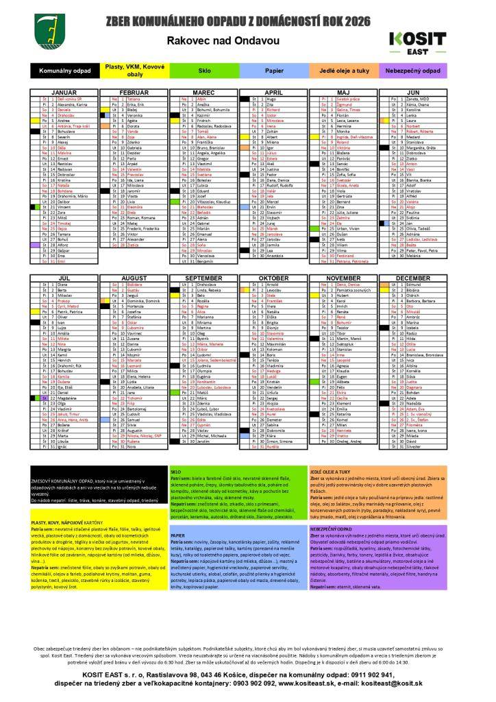 Vážení občania,  kalendár, harmonogram a vrecia na rok 2026 budú distribuované do vašich domácností v priebehu januára, keďže čakáme ešte na doručenie harmonogramov od spoločnosti Kosit East s.r.o.