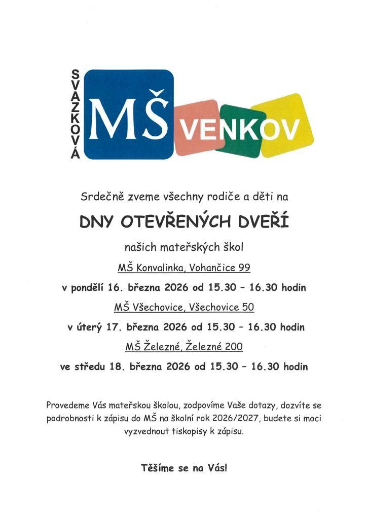 Den otevřených dveří svazkových MŠ Konvalinka Vohančice,   MŠ Všechovice a MŠ Železné