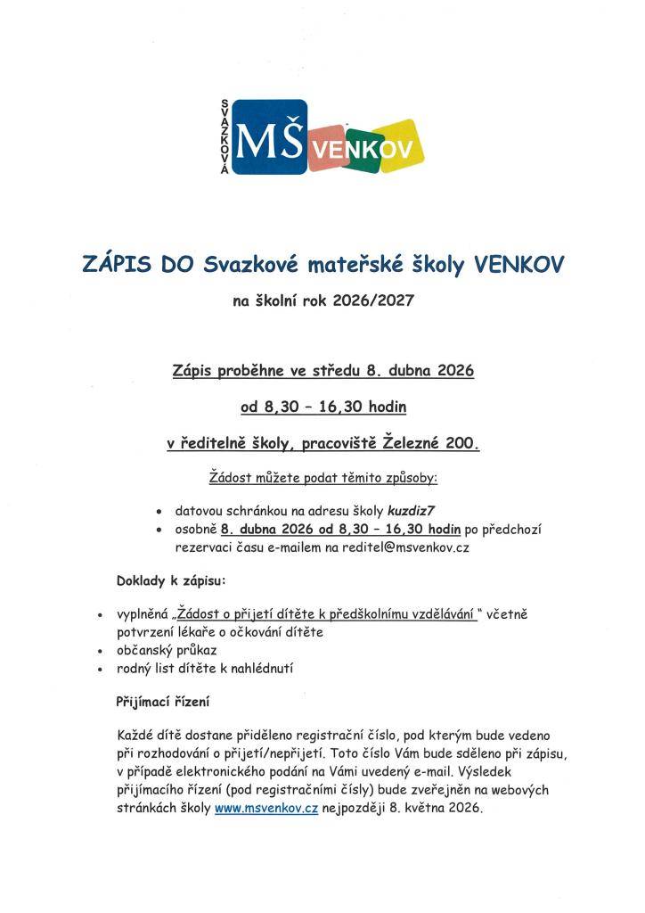 Zápis do Svazkové MŠ VENKOV na školní rok 2026/2027  dne 8.dubna.2026 od 8:30 - 16:30 hod., pracoviště Železné.