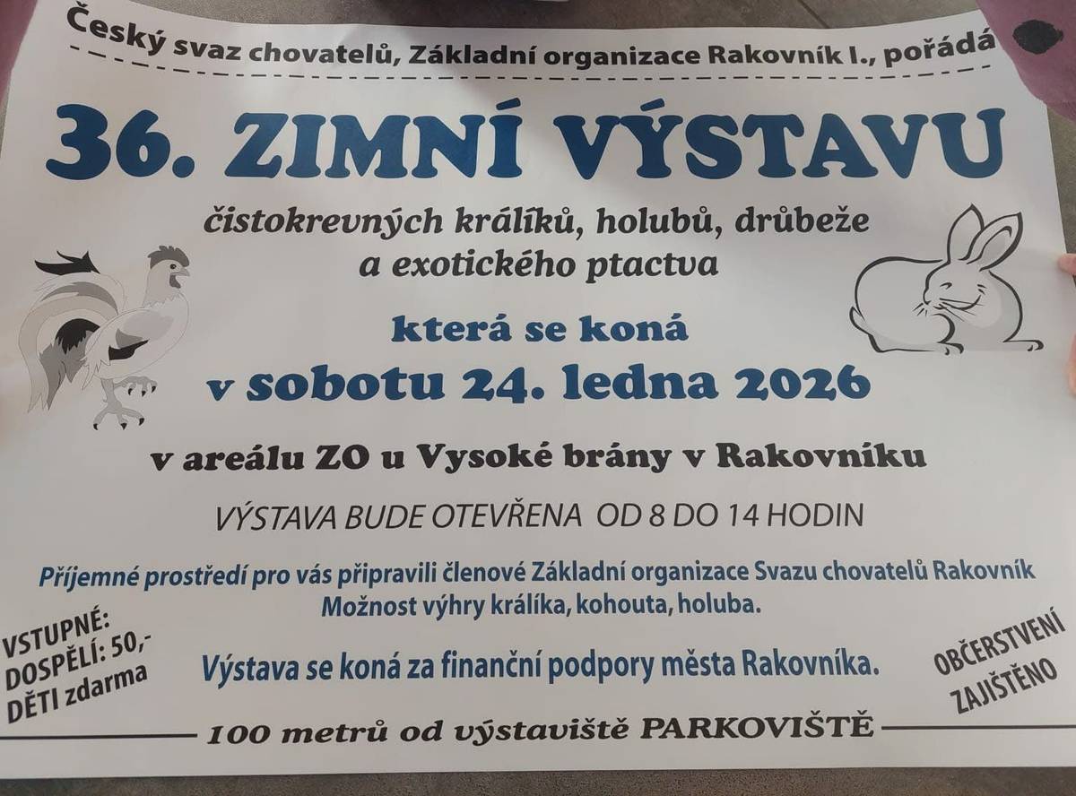 Pozvánka na 36. zimní výstavu - Český svaz chovatelů, která se koná v sobotu 24.1.2026 v areálu ZO u Vysoké brány v Rakovníku.