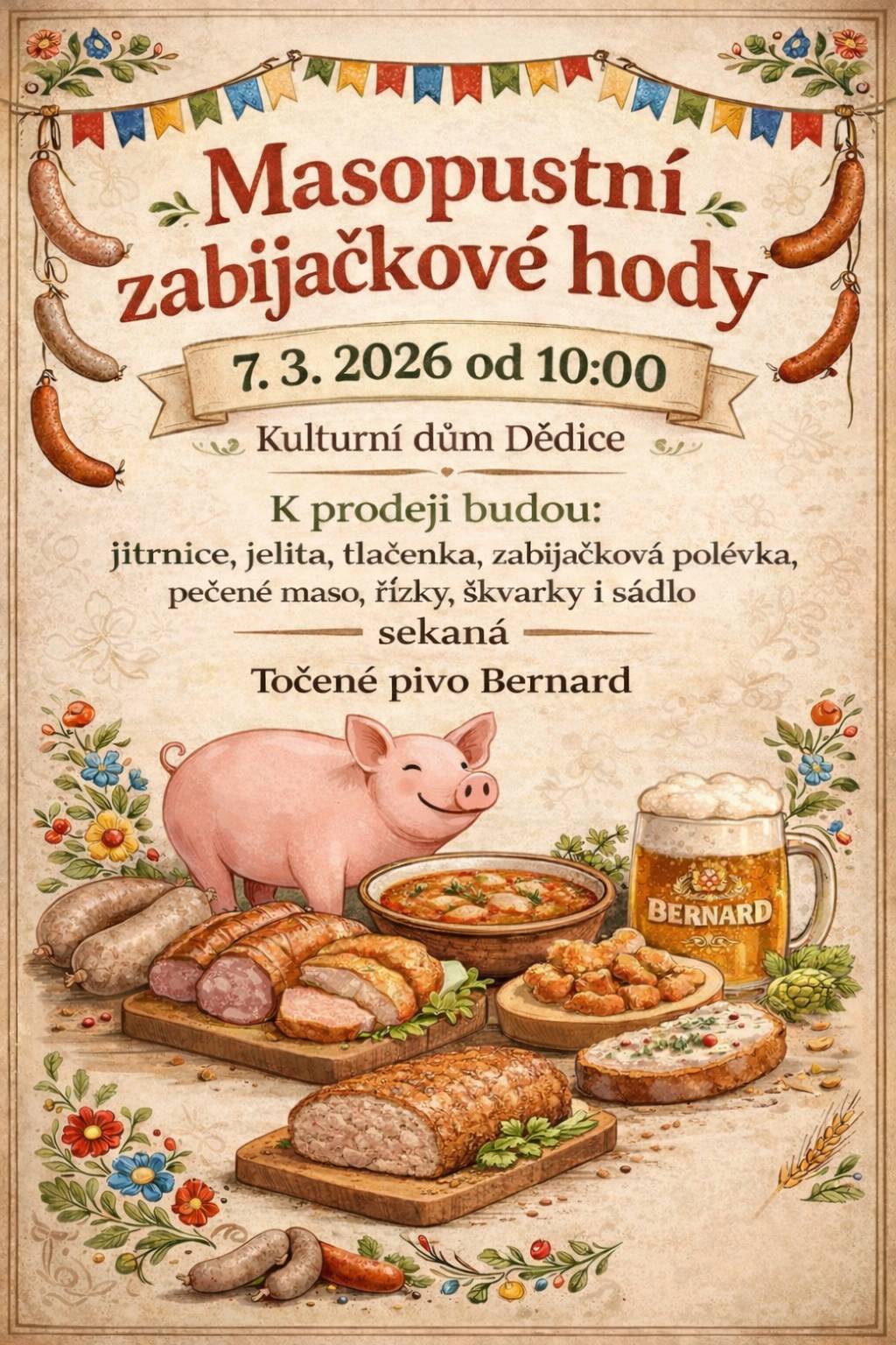 Pozvánka na zabijačkové hody do kulturního domu 7.3.2026 od 10:00. Bohumil Pešl, starosta obce