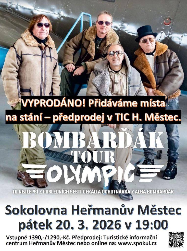 Koncert legendární kapely OLYMPIC (20.3.2026) je vyprodán! Na četná přání přidáváme ještě pár míst na stání, která si můžete za zvýhodněnou cenu koupit pouze v předprodeji v Turistickém informačním centru Heřmanův Městec.