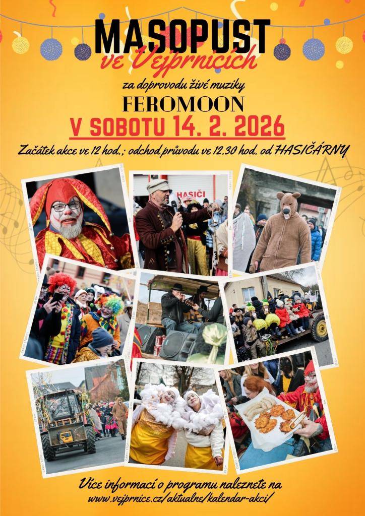 Chystejte masky, dobrou náladu a hlavně… přijďte s námi rozjet tuhle krásnou tradici! Zapojit se může každý – s maskou i bez masky. Hlavní je být u toho, užít si atmosféru a udělat pořádný masopustní rachot ve Vejprnicích!