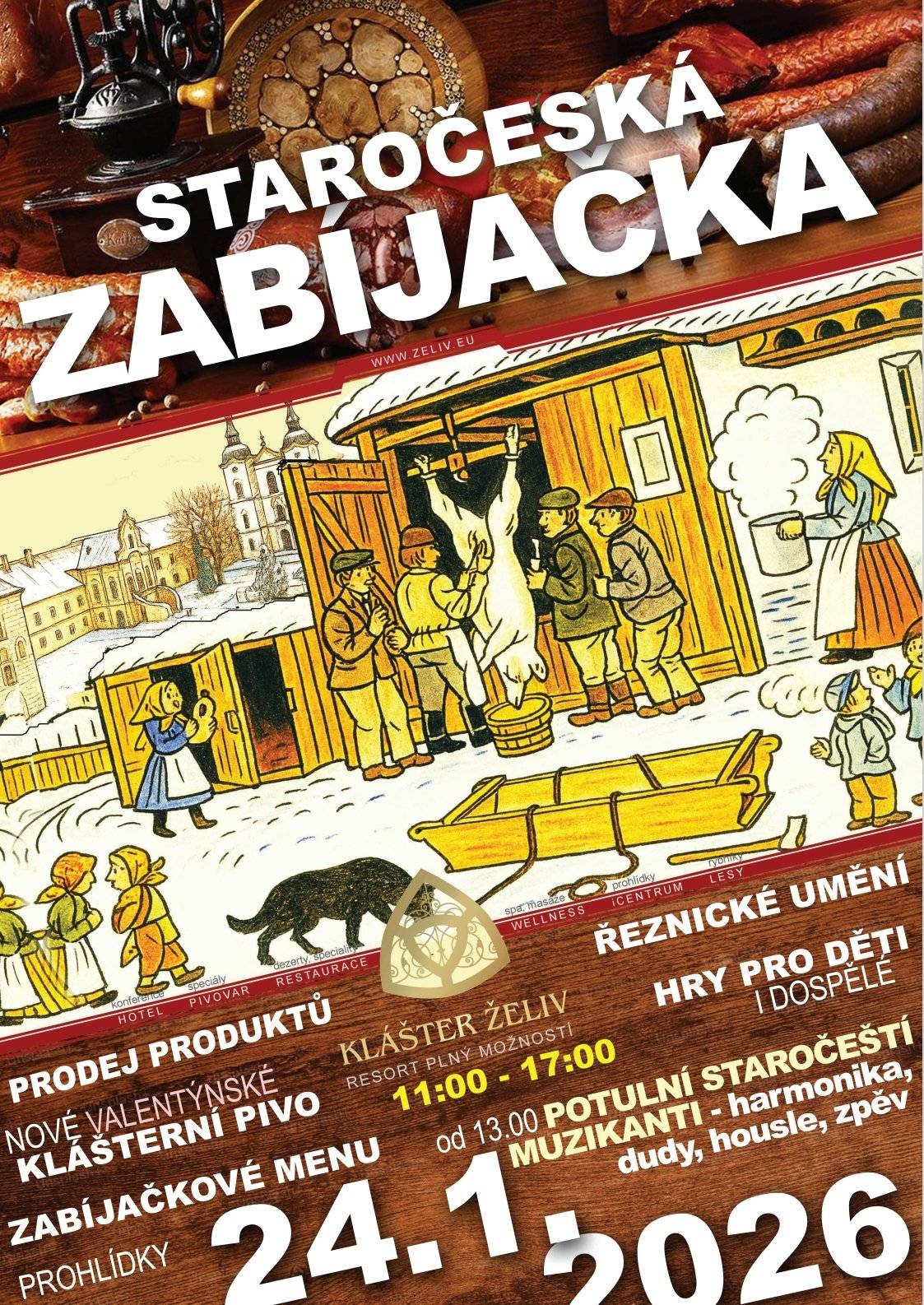 Zveme vás na tradiční staročeskou zabijačku, která se uskuteční v sobotu 24. ledna 2026 v želivském klášteře. Akce potrvá od 11:00 do 17:00 hod. Součástí dne budou ukázky řeznického umění, doprovodný program a hry pro děti, ochutnávka nového valentýnského piva z místního pivovaru a zabijačkové menu. Přijďte si užít den plný tradic, zábavy a zimní pohody v areálu kláštera.