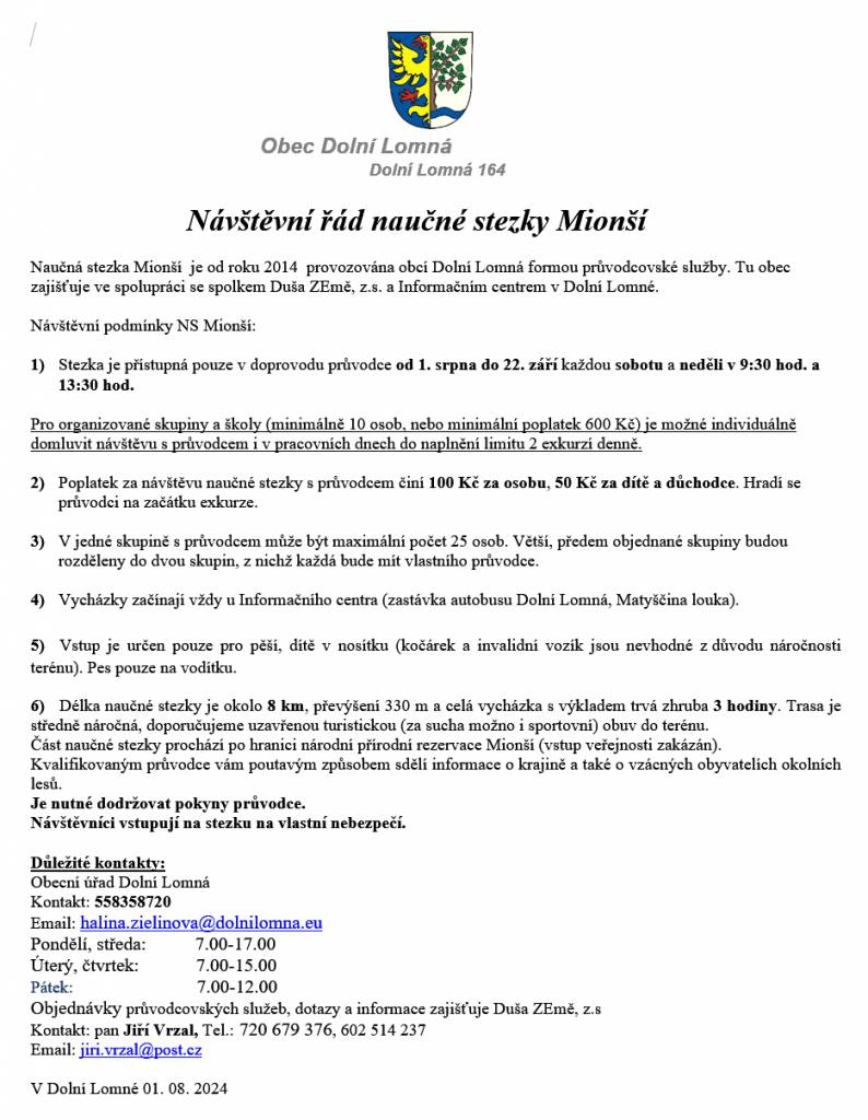 Návštěvní řád naučné stezky Mionší