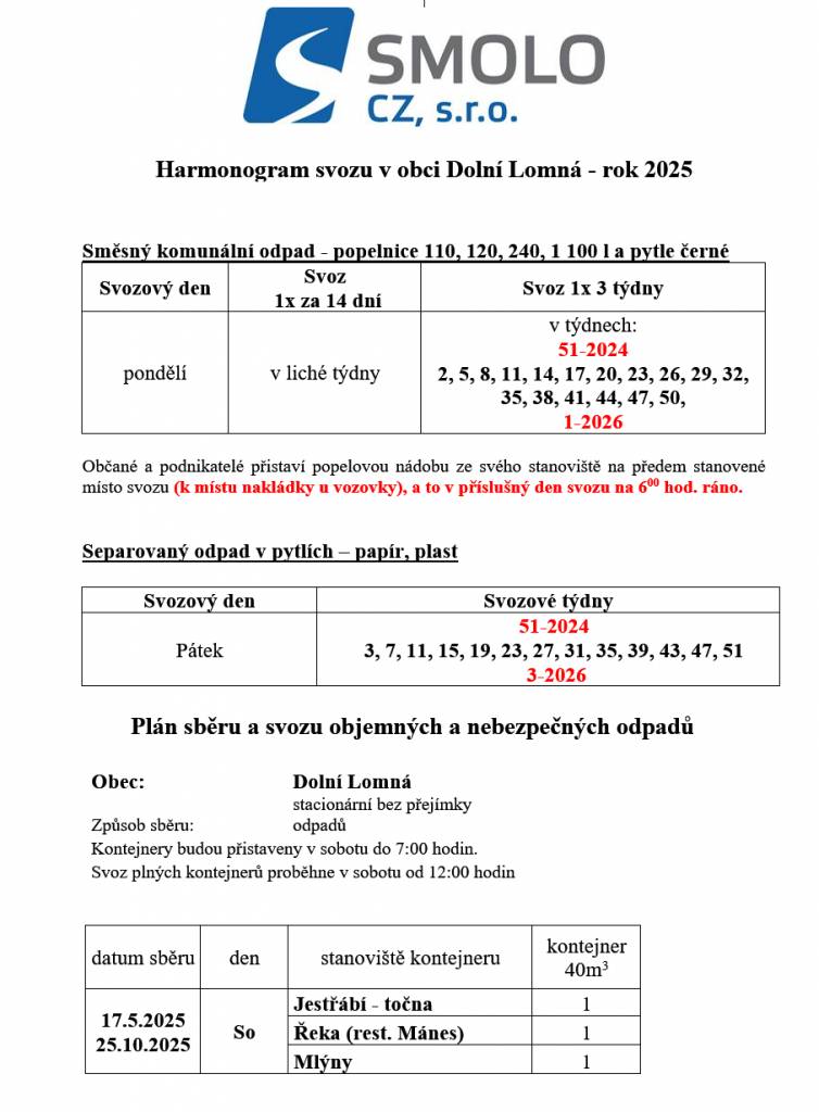 Harmonogram svozu v obci Dolní Lomná – rok 2025
