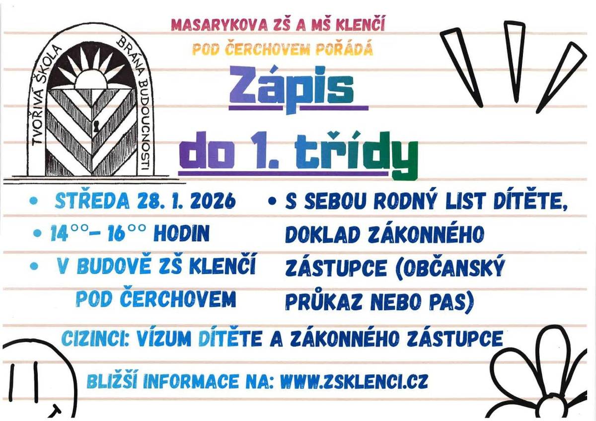 Masarykova ZŠ a MŠ Klenčí pod Čerchovem pořádá ve středu 28. ledna 2026 od 14 do 16 hodin ZÁPIS DO 1. TŘÍDY. S sebou doneste rodný list dítěte a doklad zákonného zástupce (cizinci: vízum dítěte a zákonného zástupce).