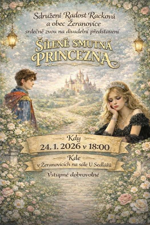 Sdružení Radost Racková a obec Žeranovice zvou na divadelní představení Šíleně smutná princezna, které se uskuteční v sobotu 24. ledna 2026 od 18 hodin v Žeranovicích na sále U Sedlářů. Vstupné dobrovolné.