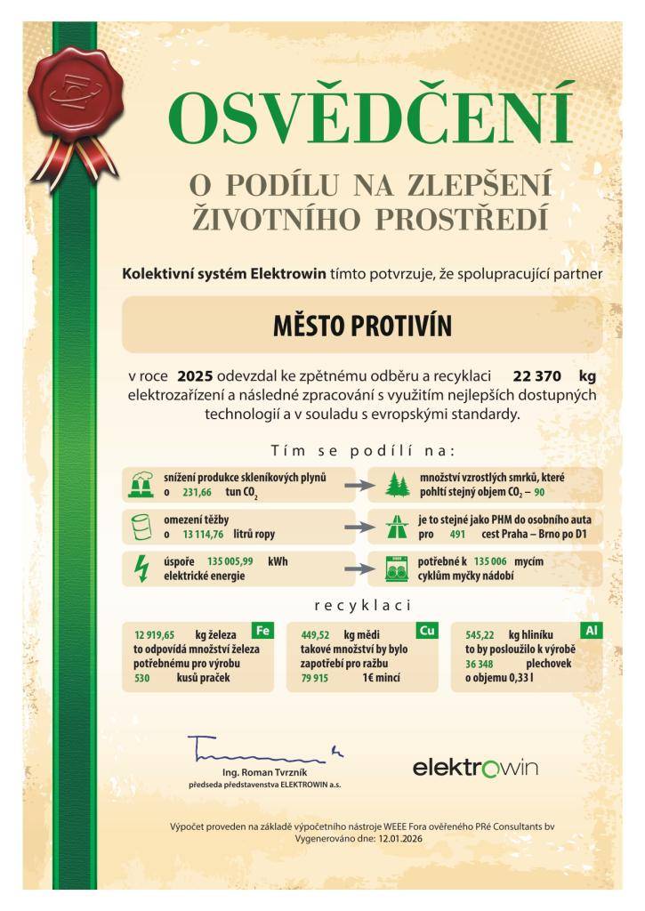 Osvědčení pro město Protivín o podílu na zlepšení životního prostředí od společnosti Elektrowi
