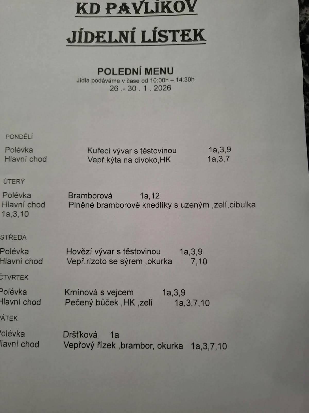 Jídelní lístek KD Pavlíkov od 26.1. do 30.1.2026