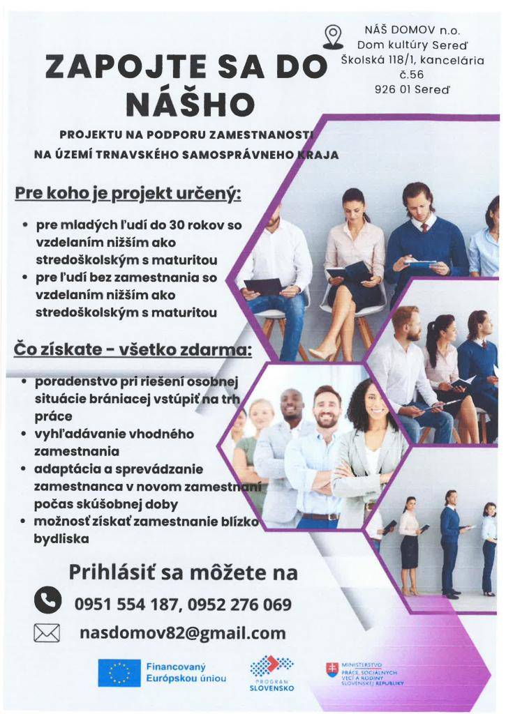 Náš domov n.o. ponúka bezplatné poradenstvo pri hľadaní práce pre mladých ľudí do 30 rokov. Poradenstvo prebieha v Dome kultúry v Seredi, ako aj v TI Inovatech v Sládkovičove, kde sa uskutoční 23. januára 2026.