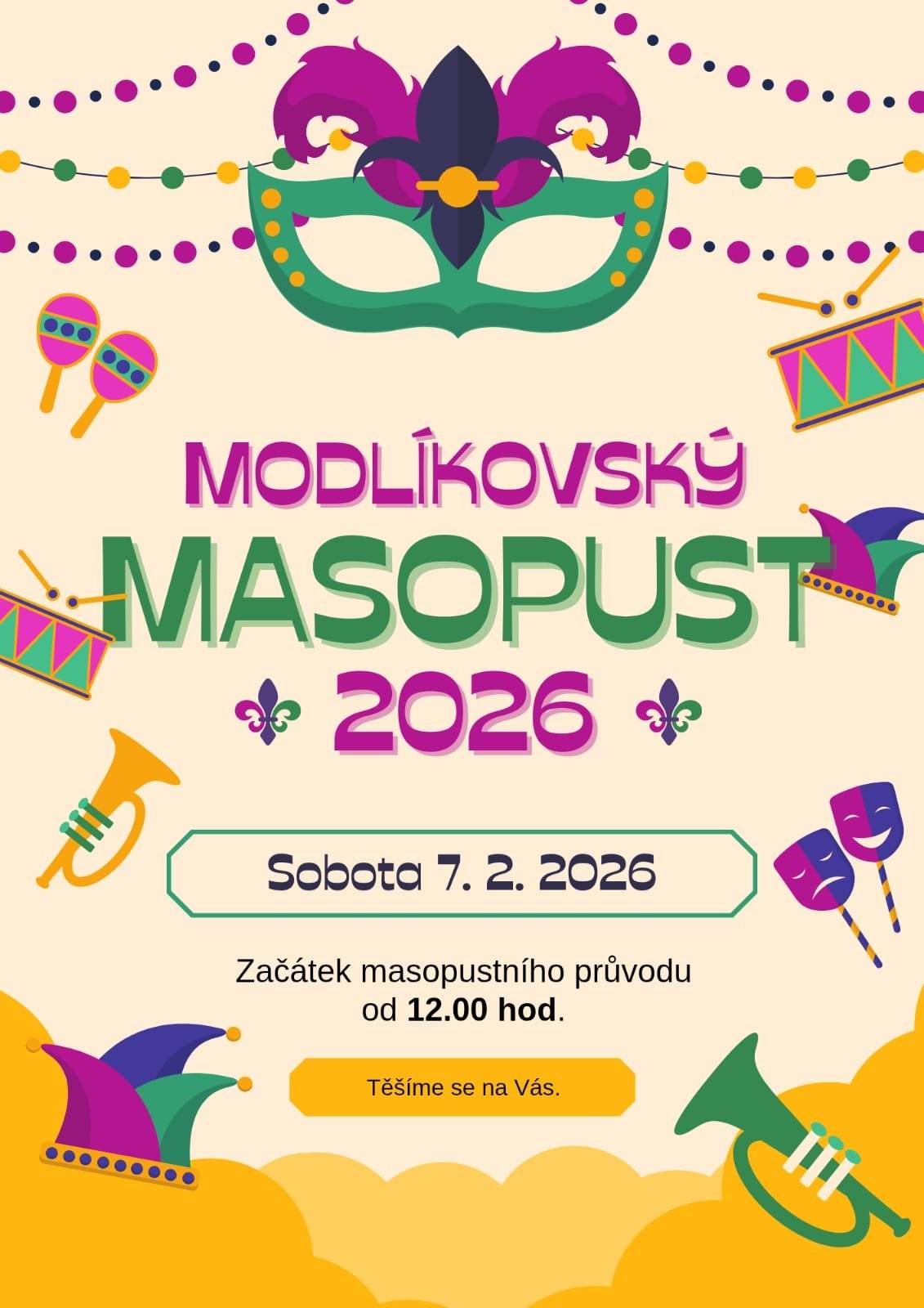 V sobotu 7.2.2026 od 12:00 se bude konat Modlíkovský Masopust
