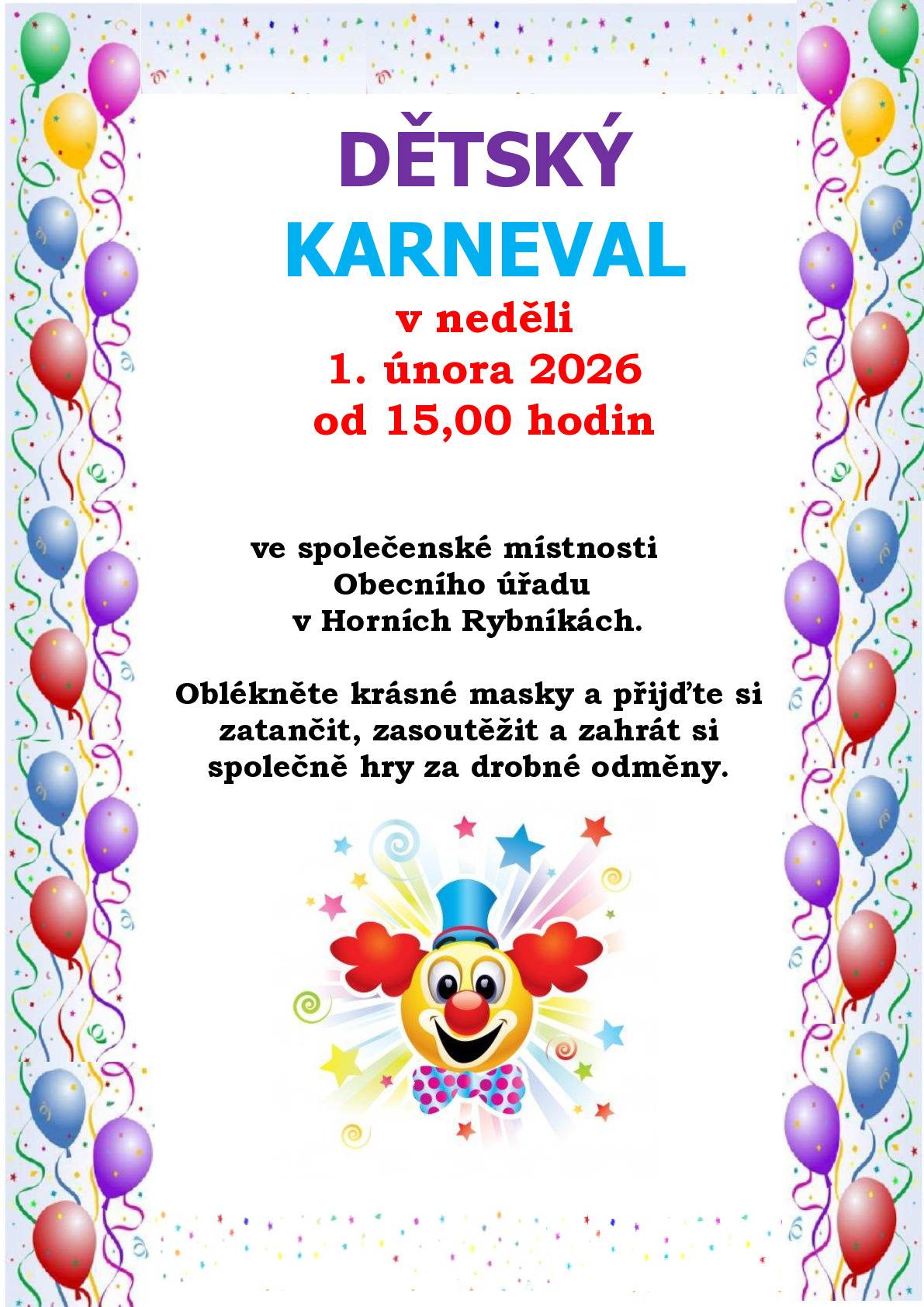 Dětský karneval 1.2.2026 od 15,00h