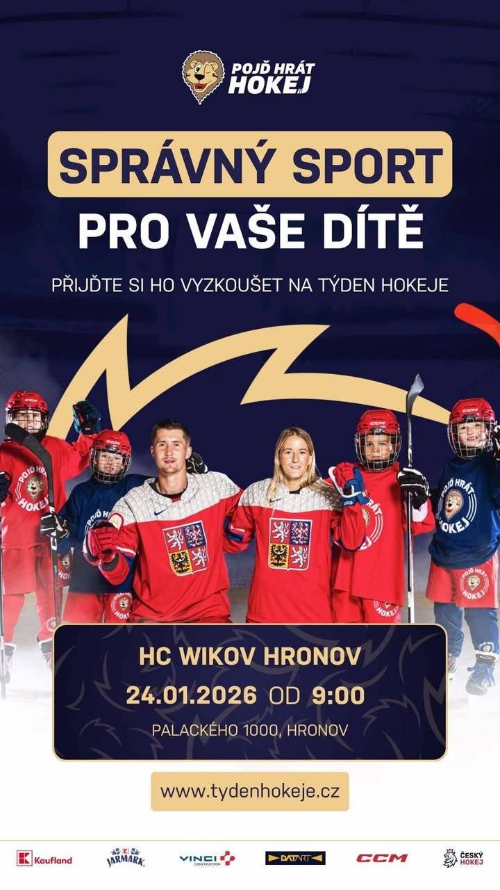 Hokej si mohou vyzkoušet úplní začátečníci i děti se zkušenostmi. Čeká je zábavný a pestrý program, hry i opravdový hokej s našimi nejmenšími hokejisty.  24. 1. 2026    9:00 - 11:00  Těšíme se na malé hokejisty i jejich rodiče!