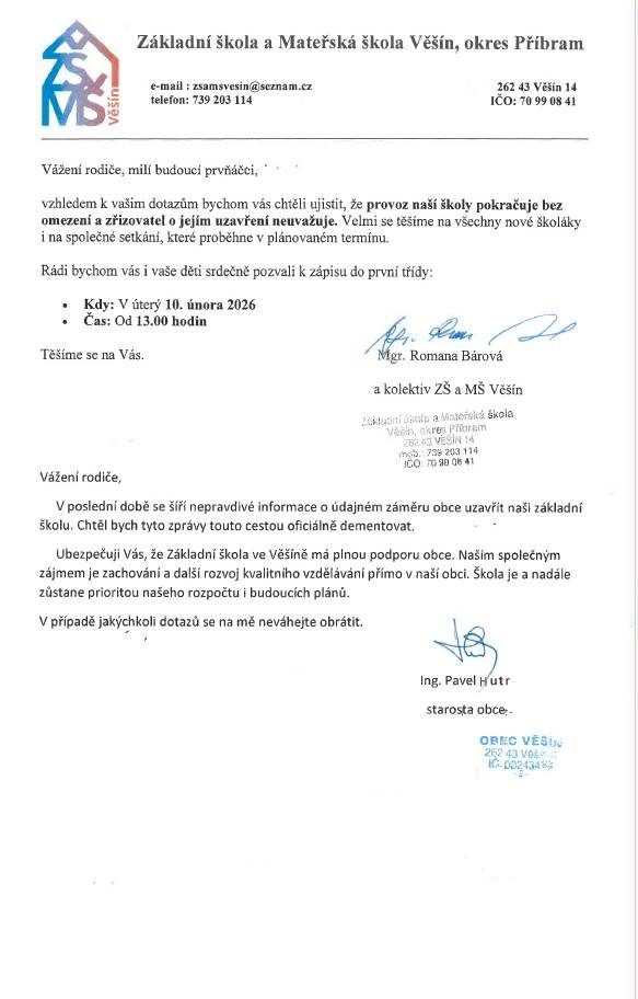 Vážení rodiče, provoz naší školy pokračuje bez omezení a o jejím uzavření se šíří nepravdivé informace. V případě jakýchkoli dotazů kontaktujte starostu obce.