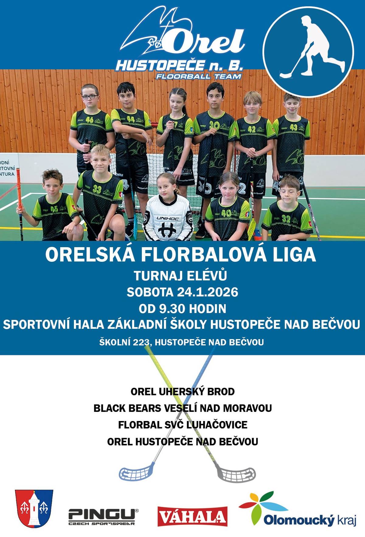 Orel Jednota Hustopeče nad Bečvou zve všechny příznivce děravého míčku na 4. kolo orelské florbalové ligy elévů. Ligový turnaj se odehraje ve sportovní hale Základní školy.  Začínáme v 9.30 hodin v sobotu  24.1.2026. Neseďte doma, přijďte fandit a podpořit naše florbalisty, kteří v této sezóně vyhráli všechna utkání a jsou první v tabulce východní divize!  Vstup volný, občerstvení zajištěno.