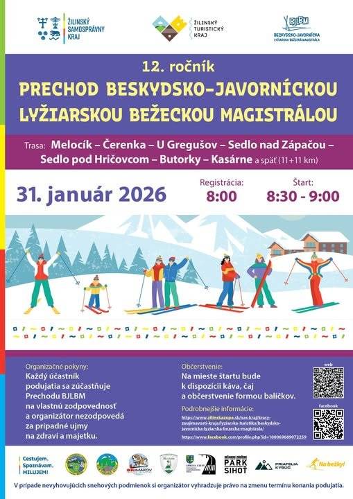 Ahojte bežkári Pozývame vás na 12. ROČNÍK PRECHODU BESKYDSKO-JAVORNÍCKOU LYŽIARSKOU BEŽECKOU MAGISTRÁLOU v sobotu 31. januára 2026. Stretnutie Sedlo Melocík (pri reštaurácii Melocík) Registrácia: 8:00 Trasa prechodu vedie smerom na Kasárne a späť, spolu 22 km. Pre odvážnejších je pripravená aj bonusová výzva - Vintrovka 2 s odmenou. Viac informácií nájdete tu: https://shorturl.at/ln3LD