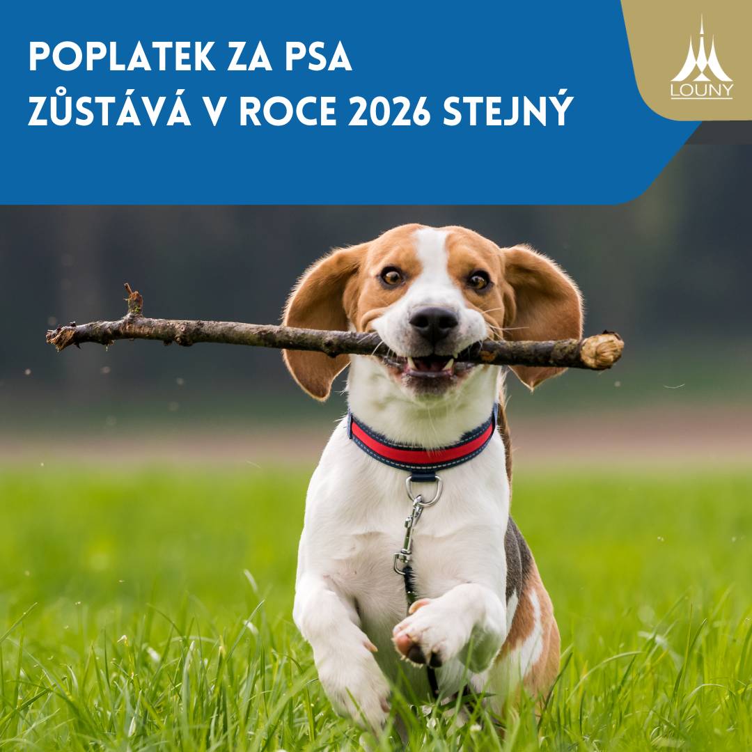 Ani v roce 2026 nebude Městský úřad Louny zasílat složenky s výzvou. Poplatek ze psů, prosíme, uhraďte do 30. dubna 2026 dle svých preferencí například převodem na účet nebo v hotovosti či kartou na pokladnách úřadu. Místní poplatek lze uhradit:  V hotovosti nebo kartou na pokladnách městského úřadu (Mírové nám. 35, Pod Nemocnicí 2379), Převodem na účet města Loun č. 19-1020793399/0800 vedený u České spořitelny a.s., Poštovní poukázkou A, kterou lze vyzvednout na kterékoli poště, Přes Portál občana.  Při platbě převodem na účet nebo složenkou je nutné zadat příslušný variabilní symbol – je uveden na složence z minulých let nebo pokladní stvrzence.     Sazba poplatku za rok   Za jednoho psa   Za druhého a každého dalšího psa téhož držitele     Ze psa, jehož držitelem je osoba starší 65 let   200 Kč   300 Kč     Ze psa, jehož držitel je přihlášen v rodinném domě   600 Kč   600 Kč     Ze psa, jehož držitel je přihlášen v Brloze nebo Nečichách   200 Kč   200 Kč     Za jiného psa, než je uvedeno výše   1200 Kč   1200 Kč     Držitel psa, který dovrší věk 65 let v letošním roce, bude mít automaticky nárok na sníženou sazbu až v následujícím roce. Tuto skutečnost není nutné nahlašovat. Upozorňujeme, že poplatek, který nebude uhrazen v termínu splatnosti, může být navýšen. V případě dotazů se obraťte na Jindřišku Kovaříkovou, ekonomický odbor, evidence psů, tel. č.: 415 621 131, e-mail: j.kovarikova@mulouny.cz, č. kanceláře 419, 4. patro, Mírové náměstí 35. Více informací najdete také na stánkách města Louny.