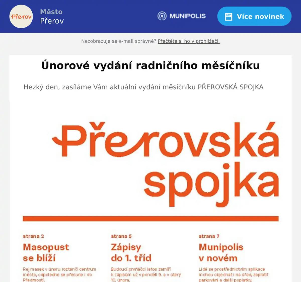 Hezký den, zasíláme Vám aktuální vydání měsíčníku PŘEROVSKÁ SPOJKA