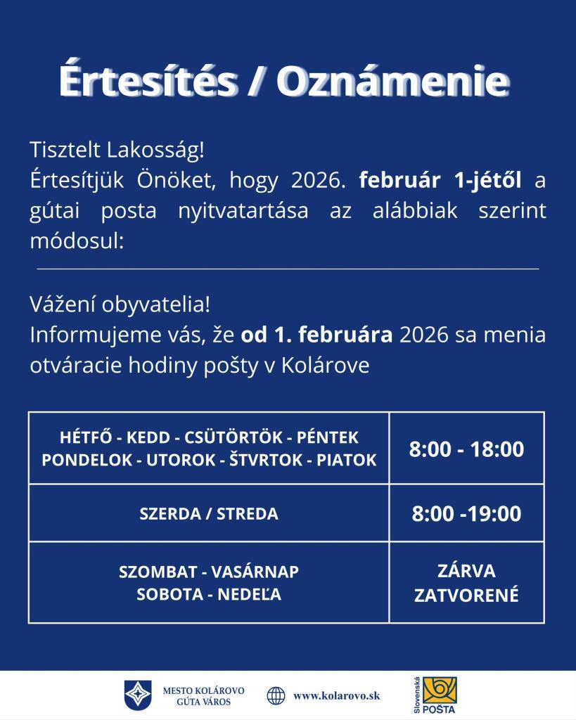 Vážení obyvatelia!  Informujeme vás, že od 1. februára 2026 sa menia otváracie hodiny pošty v Kolárove.   Pondelok - Utorok - Štvrtok - Piatok: 8:00 - 18:00  Streda                              : 8:00 - 19:00  Sobota - Nedeľa                     : Zatvorené