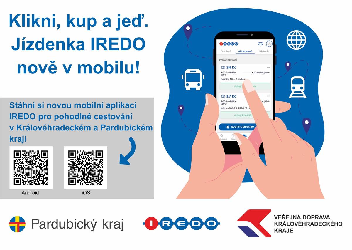Pardubický kraj informuje o nové mobilní aplikaci IREDO pro pohodlné cestování v Pardubickém a Královéhradeckém kraji... Od 1. prosince mohou cestující využívat novou mobilní aplikaci IREDO, která umožňuje nákup jízdenek přímo z mobilního telefonu. Aplikace je zdarma dostupná pro zařízení s operačními systémy Android a iOS. Kromě samotného nákupu jízdenek nabízí aplikace také vyhledávání spojení, identifikaci nejbližší zastávky, přehled o aktuální poloze autobusů a vlaků včetně případného zpoždění, vyhledávání podle čísla linky či zastávky a ukládání oblíbených spojů.