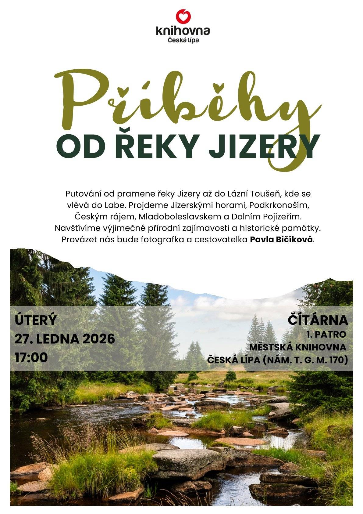 Vážení příznivci kultury, týden se s týdnem sešel, a proto je ten správný čas na tipy na kulturní akce v České Lípě na následující dny.   čtvrtek 22.1.   59. Večer s Jazzovou farmou další s příjemných koncertů, v rámci kterých si Jazzová farma zve své hosty, začne ve velkém sále ZUŠ v 18:00, vstup je zdarma sobota 24.1. Protektorátní školství a převýchova Vlastivědný spolek Českolipska zve na přednášku Martiny Kantové o tom, jak se žilo dětem a mladým lidem v protektorátu, přednáška začíná ve 14:00 v klubovně vlastivědného muzea úterý 20.1.  Příběhy od řeky Jizery v rámci tradiční přednášky v městské knihovně na náměstí T.G.M. nás cestovatelka Pavla Bičíková vezme na své putování od pramene řeky Jizery až do Lázní Toušeň, začíná se tradičně v 17:00 KINO CRYSTAL 22.1.Čt – 23.1.Pá – vždy v 15.30 VEJCE NA LEDU: POLÁRNÍ ZÁCHRANA /91 min./od 150,-/česky/příst./ Mexiko. Co může dělat malé kuřátko na jižním pólu? Hlavně se snažit nezmrznout! Když se na slepičí farmě jednoho dne objeví neobvyklí návštěvníci - trojice tučňáků a malé lední medvídě, místní zvířata musí spojit síly, aby novým kamarádům pomohla najít cestu zpátky domů... 22.1.Čt – 23.1.Pá – vždy v 17.30 DŮKAZ VINY /120 min./od 150,-/titulky/příst.15+/ USA. V blízké budoucnosti se detektiv (Chris Pratt) ocitne před soudem, kde je obviněn z vraždy své manželky. Má 90 minut na to, aby dokázal svou nevinu soudkyni vytvořenou umělou inteligencí v programu trestního soudnictví MERCY (Rebecca Ferguson), který kdysi pomáhal vytvořit, než rozhodne o jeho konečném osudu... 22.1.Čt – 25.1.Ne – vždy ve 20.00, 26.1.Po – 28.1.St – vždy v 17.30 ŠVIHÁCI /100 min./od 160,-/česky/příst.12+/ ČR, SR. Tři kamarádi Dan (Martin Pechlát), Ondřej (Tomáš Jeřábek) a Filip (Daniel Fischer) se pravidelně setkávají ve vyhlášených lázních, kde jejich kapela Šviháci baví místní hosty a oni si zároveň užívají společnou pánskou jízdu. Všechno by šlo podle plánu, kdyby se najednou neprovalilo, že jeden z nich má v lázních sedmiletého utajeného syna, o kterého se musí neplánovaně postarat. Místo užívání si, se ze šviháků během okamžiku stávají otcové na plný úvazek. O tom, co se právě děje v lázních, nic netuší Danova milující manželka ani Ondřejova žárlivá partnerka. Zatím... 24.1.So – 25.1.Ne – vždy v 15.30 ZOOTROPOLIS: MĚSTO ZVÍŘAT 2 /104 min./od 160,-/česky/příst./ USA. Poté, co vyřešili největší případ v historii Zootropole, nováčci Judy Hoppkinsová a Nick Wilde zjišťují, že jejich partnerství není tak pevné, jak si myslel. Proto jim jejich policejní šéf nařídí, aby se zapojili do poradenského programu “Krize koegiality” . Netrvá však dlouho a jejich partnerství je podrobeno ultimátní zkoušce, když se ocitnou na spletité stopě záhady spojené s příchodem jedovatého hada do zvířecí metropole... 24.1.So – 25.1.Ne – vždy v 17.30 HAMNET /125 min./od 160,-/titulky/příst.12+/ USA. Oscarová režisérka Chloé Zhao natočila mimořádný příběh o lásce a bolesti, z nichž vzešlo jedno z nejslavnějších děl světového dramatu – Shakespearův Hamlet. Když věčně hladový domácí učitel William Shakespeare (Paul Mescal) potká divokou volnomyšlenkářku Agnes (Jessie Buckley), zrodí se příslovečná láska jako trám, v jejímž průběhu se jim narodí tři děti. Jenže neštěstí nechodí po horách, ale po lidech a v Anglii za vlády královny Alžběty I. to platilo obzvlášť... Art kino uvádí: 26.1.Po – pouze ve 20.00  VELKÝ MARTY  /149 min./od 150,-/titulky/příst.15+/ USA. Marty Mauser, mladý muž s nesplnitelným snem, se vydává na strastiplnou cestu, aby dosáhl slávy... 27.1.Út – 28.1.St – vždy ve 20.00 HAMNET /125 min./od 160,-/titulky/příst.12+/ USA. Oscarová režisérka Chloé Zhao natočila mimořádný příběh o lásce a 