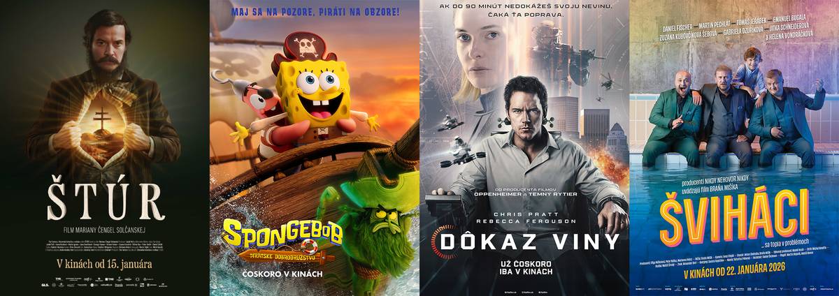 piatok 23. o 19:00 h ŠTÚR (ukážka) Na návšteve u strýka v Zemianskom Podhradí spozná Adela, jediná dcéra váženého šľachtica, neobyčajného muža – učenca, filozofa a básnika Ľudovíta Štúra. Ten otvorene vzdoruje spoločenským pomerom v Uhorsku a svojím upozorňovaním na politickú nespravodlivosť balansuje na hrane zákona. Dvadsaťročná Adela sa doňho vášnivo zamiluje a urobí všetko, aby ho mala nablízku – poskytne mu domov v kaštieli, platí mu hodiny filozofie a cez otcov vplyv mu pomôže do Uhorského snemu. Keď sa zdá, že jej plán vychádza, vypukne revolúcia a vír udalostí navždy zmení Európu aj ich osud. SVK, historická dráma, 111 min., originálna verzia, ⑫, strach, vstupné: 6 €; študenti a seniori 5 € (kúpiť lístok) sobota 24. a nedeľa 25. o 15:00 h SPONGEBOB: PIRÁTSKE DOBRODRUŽSTVO (ukážka) SpongeBob, večne nadšená ikona Zátišia Bikin, zistí, že sa dočkal „dňa s veľkým D“ – cez noc vyrástol na „veľkého chlapca“. Konečne je dosť vysoký na najstrašidelnejšiu atrakciu v miestnom zábavnom parku, no pán Krabs sa mu vysmeje a začne sa chváliť vlastnými pirátskymi dobrodružstvami. SpongeBob sa rozhodne dokázať, že má na viac než len horskú dráhu, a túži nasledovať Krabsovu hrdinskú stopu. Do cesty sa mu postaví duch Bludného Holanďana, ktorý ho zavedie na výpravu tam, kam noha žiadnej žltej špongie ešte nevkročila – a návrat vôbec nie je istý. USA, dobrodružná animovaná komédia, 96 + 7 min., slovenský dabing, ⑦, strach, vstupné: 6 €; deti, študenti a seniori 5 € (kúpiť lístok) sobota 24. a nedeľa 25. o 17:00 h DÔKAZ VINY (ukážka) Detektív Raven, ktorý stál pri jeho zrode, sa zrazu ocitne na druhej strane spravodlivosti - ako obžalovaný z vraždy svojej manželky. Raven dostane 90 minút na to, aby neúprosnú AI sudkyňu presvedčil o svojej nevine. Ak zlyhá, čaká ho okamžitá poprava. Čas sa neúprosne kráti a Raven postupne odhaľuje, že v celom prípade ide o niečo oveľa väčšie, než je dôkaz jeho neviny USA, thriller, 100 min., slovenské titulky, ⑫, strach, vstupné: 6 €; študenti a seniori 5 € (kúpiť lístok) sobota 24. a nedeľa 25. o 19:00 h ŠVIHÁCI (ukážka) Traja kamaráti Dan, Ondrej a Filip sa pravidelne stretávajú v kúpeľoch, kde ich kapela Šviháci baví hostí a oni si užívajú „pánsku jazdu“. Idylka sa zrúti, keď vyjde najavo, že jeden z nich má v kúpeľoch utajeného sedemročného syna a musia sa oňho nečakane postarať. Z hudobníkov sa razom stanú otcovia na plný úväzok, pričom ich partnerky o ničom netušia — zatiaľ. V malebných termáloch sa spustí lavína komických situácií a tajomstiev, ktoré preveria priateľstvo, lásku aj zodpovednosť, a tentoraz to, čo sa stane v kúpeľoch, v kúpeľoch rozhodne nezostane. CZE, komédia, 100 min., originálna verzia, ⑫, nahota, vstupné: 6 €; študenti a seniori 5 € (kúpiť lístok)