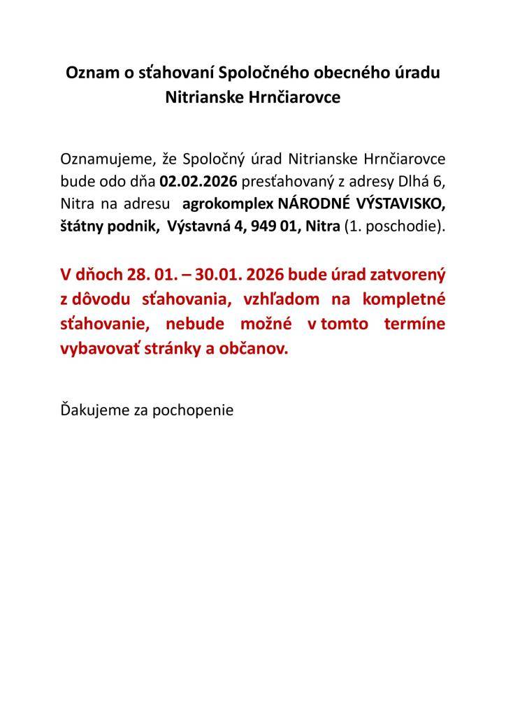 Spoločný stavebný úrad sa sťahuje na adresu Výstavná 4, 949 01 Nitra, 1. poschodie.