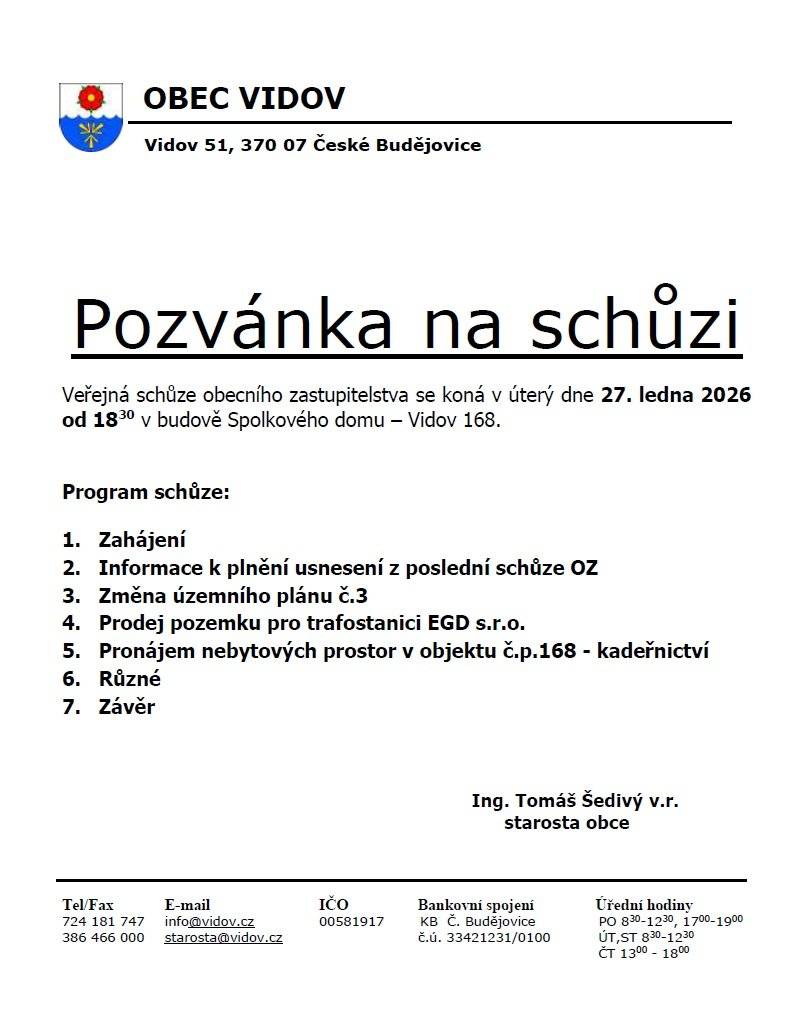 V úterý 27.1.2026 od 18:30 se koná ve spolkovém domě jednání obecního zastupitelstva.