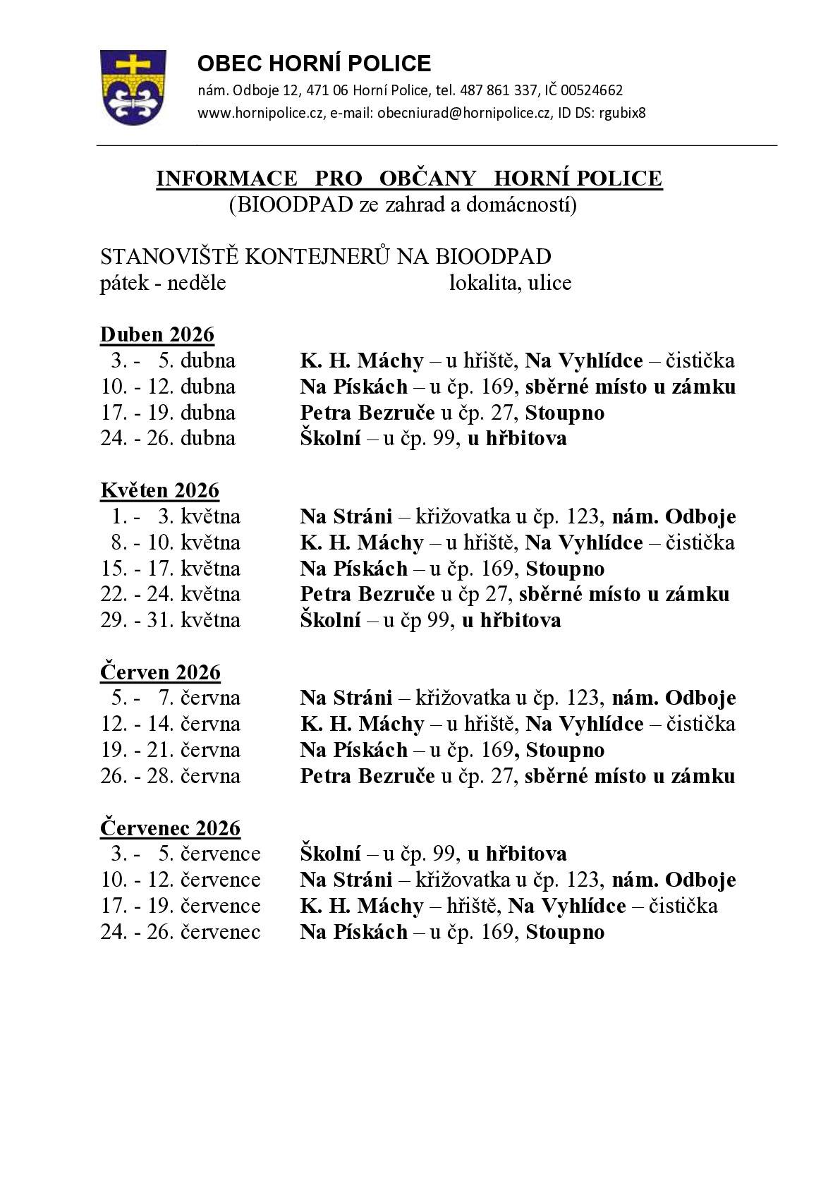 Vážení občané, začínáme v dubnu. Obec Horní Police