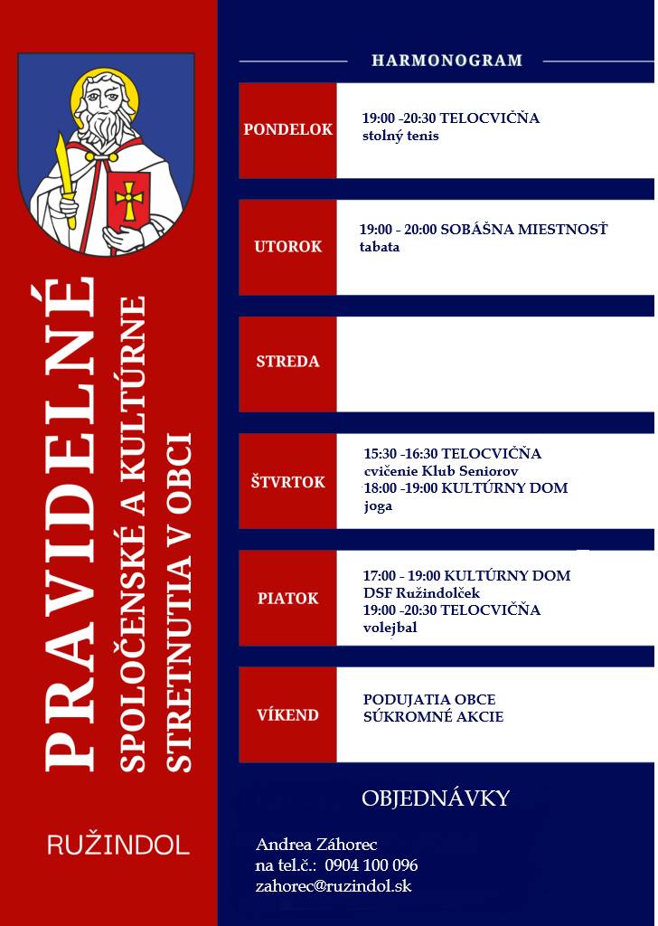 Obec Ružindol podporuje kultúrne a športové aktivity pre verejnosť.  Prinášame Vám prehľad aktivít v kultúrnom dome a telocvični počas týždňa.  V prípade záujmu je možné požiadať aj o prenájom priestorov na vlastné aktivity.