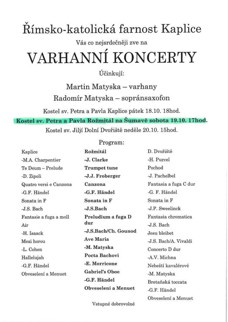 Sobota 19.10.2024 od 17:00 hodin v Rožmitále na Šumavě