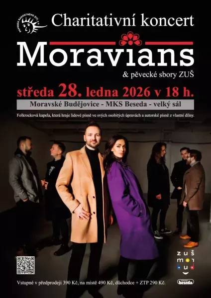 Milovníci hudby i dobrých skutků jsou srdečně zváni na charitativní koncert kapely Moravians, který se uskuteční ve středu 28. ledna 2026 od 18 hodin ve velkém sále MKS Beseda v Moravských Budějovicích. Na pódiu vystoupí folklorová kapela Moravians, známá osobitým propojením lidové hudby s vlastní autorskou tvorbou. Večer obohatí  pěvecké sbory ZUŠ.   Koncert má charitativní rozměr, a svou účastí tak návštěvníci podpoří dobrou věc. Přijďte si užít hudební večer a zároveň pomoci tam, kde je to potřeba.