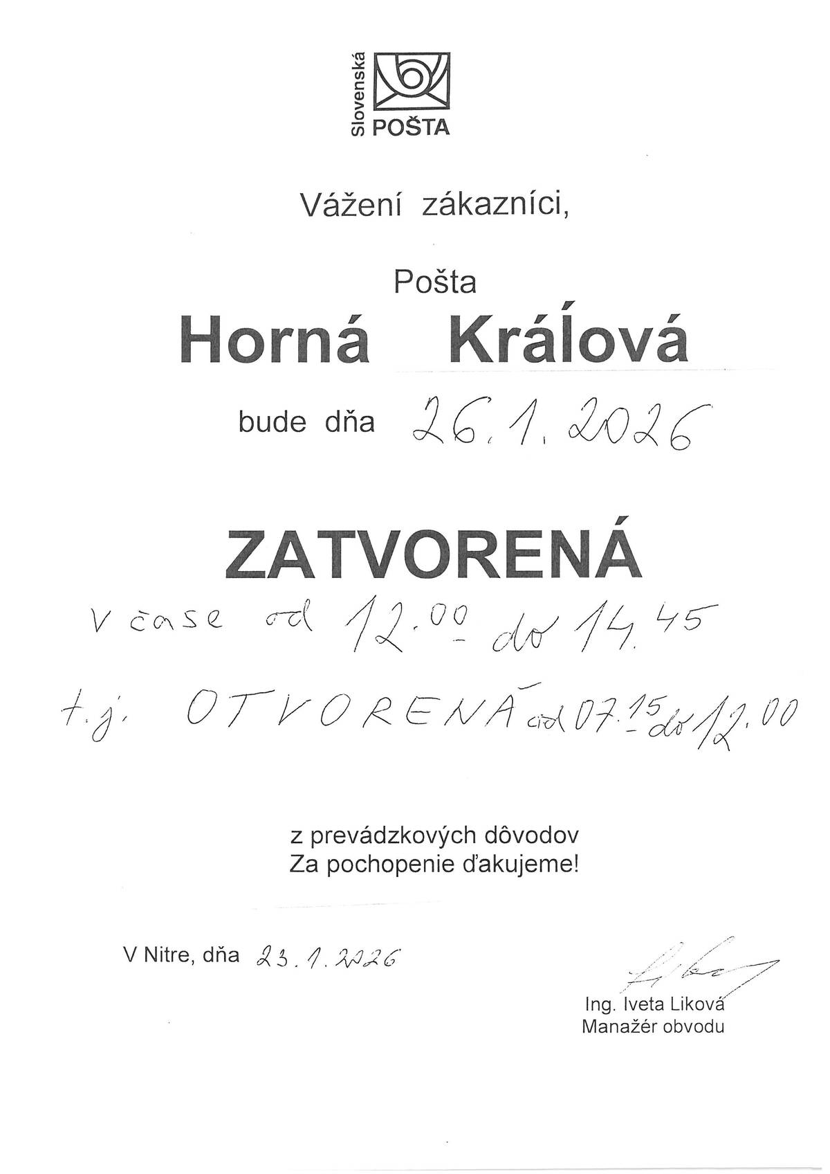 Pošta v Hornej Kráľovej bude v pondelok 26.1.2026 otvorená do 12.00 hod