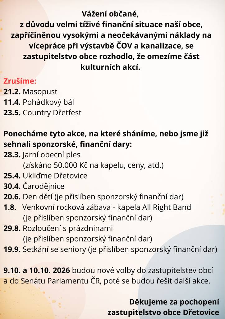 Omezení kulturních akcí v roce 2026.