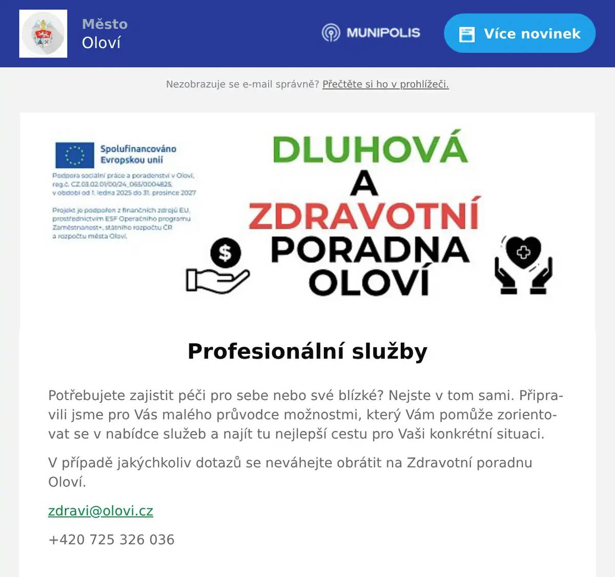 Potřebujete zajistit péči pro sebe nebo své blízké? Nejste v tom sami. Připravili jsme pro Vás malého průvodce možnostmi, který Vám pomůže zorientovat se v nabídce služeb a najít tu nejlepší cestu pro Vaši konkrétní situaci. V případě jakýchkoliv dotazů se neváhejte obrátit na Zdravotní poradnu Oloví. zdravi@olovi.cz +420 725 326 036
