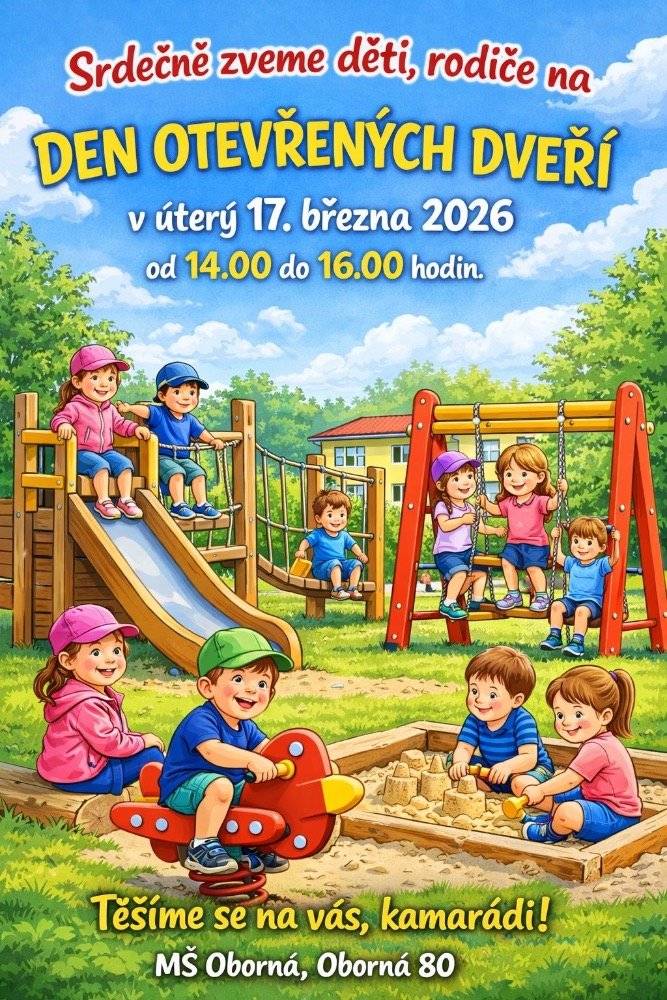 Mateřská škola Oborná zve rodiče a děti na den otevřených dveří a zároveň informuje o zápisu dětí do MŠ.