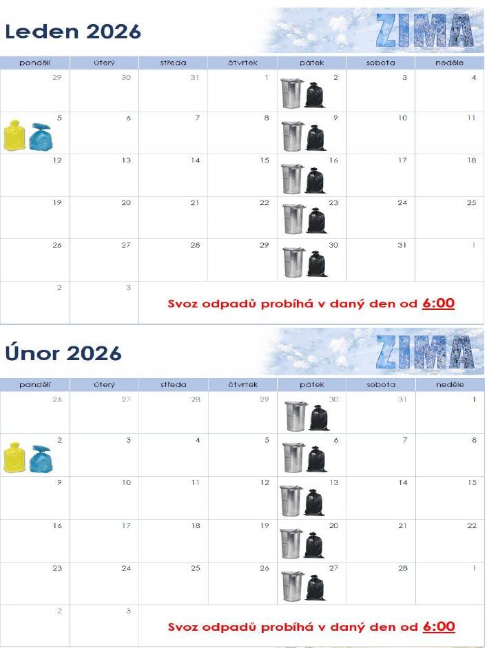 Kalendář svozu odpadů leden/březe
