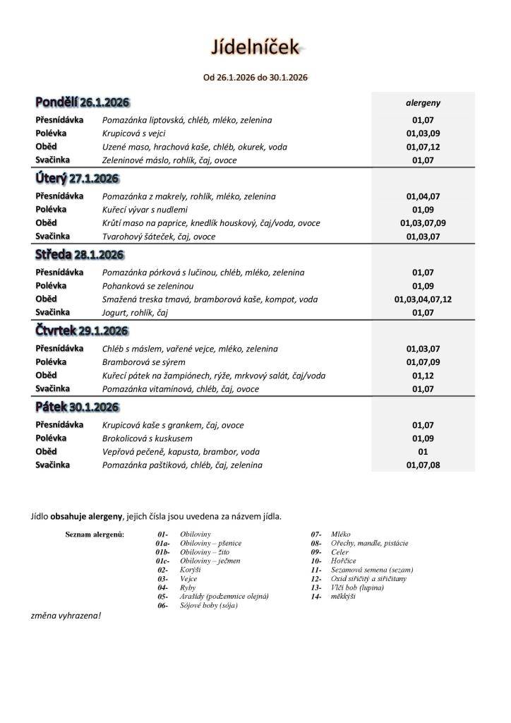 Jídelníček základní školy platný v týdnu od 26. do 30.1.2026