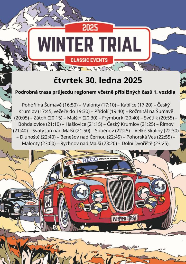 The Winter Trial se koná v běžném silničním provozu bez nutnosti uzavírek, omezení nebo zvláštních bezpečnostních opatření. Maximálně 30 klasických vozidel jede po určené trase předepsaným jízdním průměrem, který odpovídá dopravním předpisům.