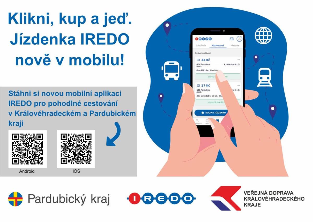 Pro pohodlné cestování v Královéhradeckém a Pardubickém kraji je k dispozici nová mobilní aplikace IREDO.