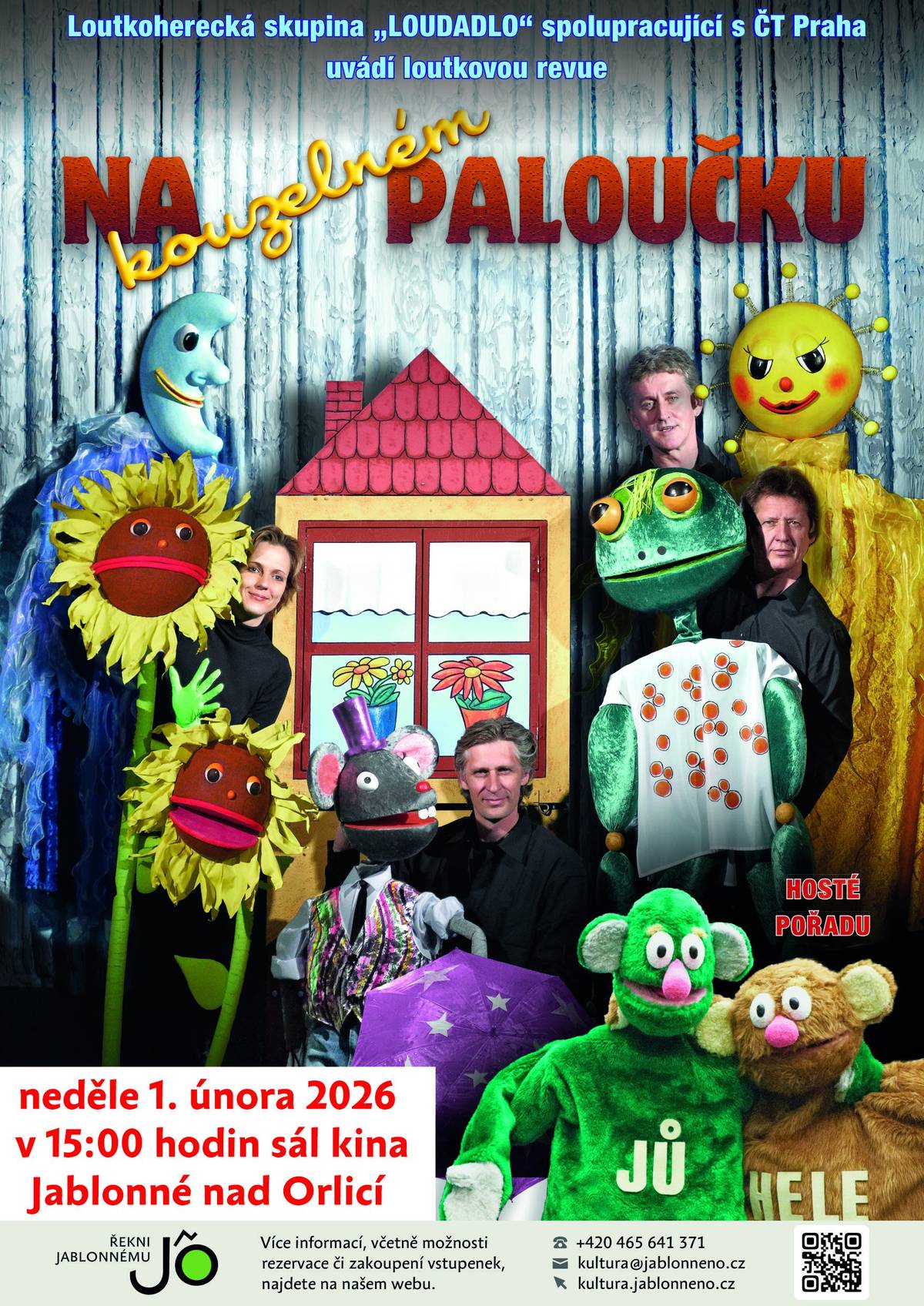 Zveme vás tuto neděli 1. února v 15:00 na loutkovou revue pro děti! 🎉 Čekají na vás tančící slunečnice 🌻💃, veselí žabáci Kvik a Kvak 🐸🐸 i neodolatelný myšák Kiko 🐭✨ – opravdový šoumen, který se rád předvede v celé své parádě 🎩🌟. Nahlédnete pod hladinu mezi rybičky 🐠🌊, vznesete se s papírovými draky do daleka 🪁☁️ a na palouček zavítají také oblíbení kamarádi Jů a Hele 👒🧢💛 Tato jedinečná loutková revue zaujme loutkami v nadživotní velikosti 🤹♂️🎭, které okouzlí nejen děti, ale i dospělé diváky 👧🧒👨👩👧👦. Veselé dialogy se střídají s písničkami 🎶🎤 a soutěžemi 🏆, do nichž se děti aktivně zapojují – a zábava čeká vlastně na všechny v hledišti 😄👏 Jako speciální hosté se představí i známí hrdinové z televizních obrazovek, Jů a Hele 📺⭐, kteří letos v lednu oslavili už 45 let na televizních obrazovkách 🎂🎉! Přijďte si užít kouzelný den plný fantazie, smíchu a společné zábavy ✨😂💫 📅 Neděle 1. února 2026 | 15:00 📍 Sál městského kina Jablonné nad Orlicí 🎟️ Více info a vstupenky: kultura.jablonneno.cz/akce/28081